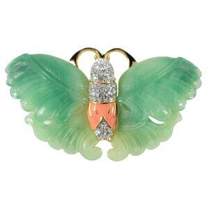 Signed KJL Kenneth Jay Lane Butterfly Moth Faux Jade Coral Enamel Crystal Brooch